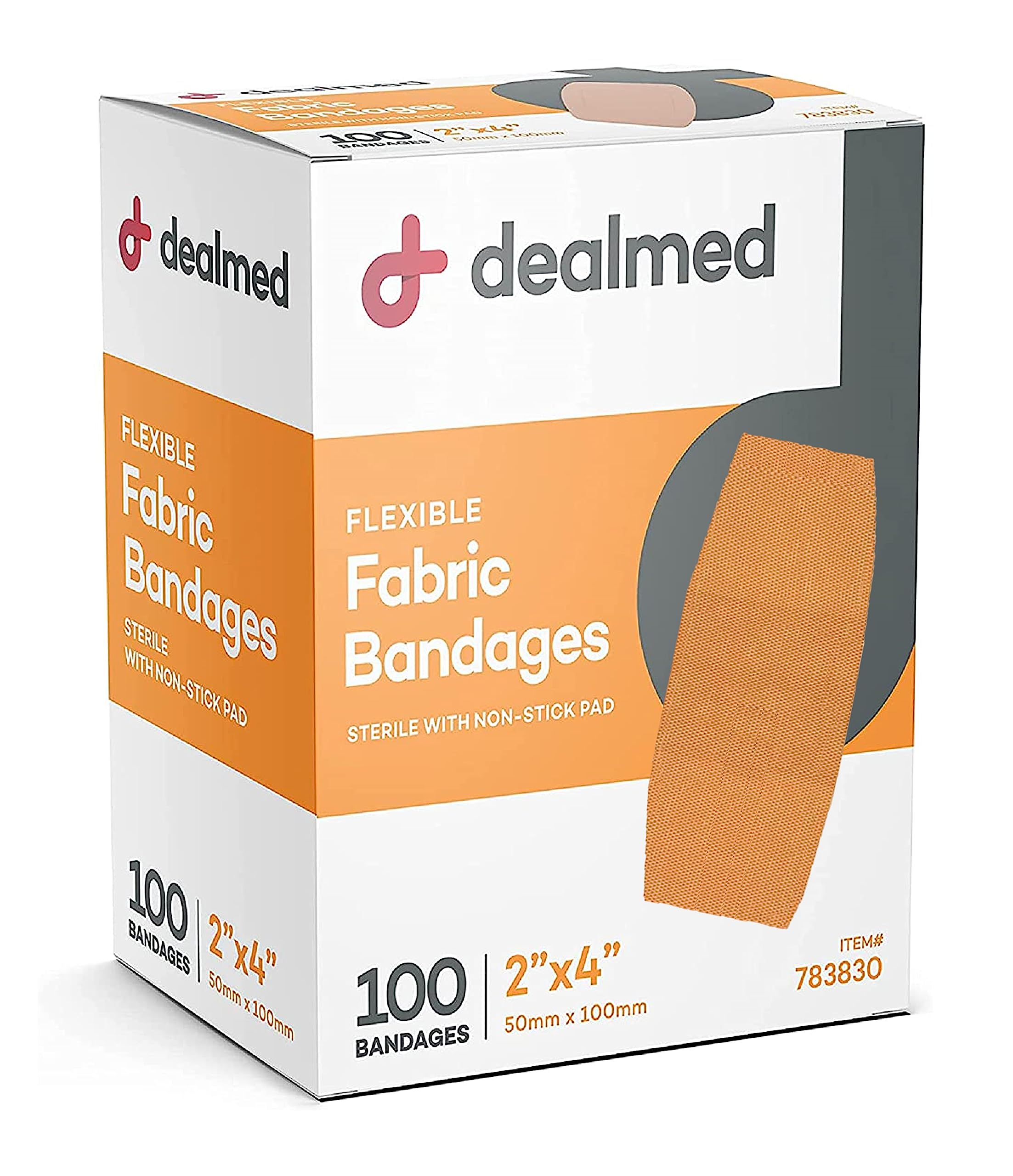 Dealmed Fabric Flexible Adhesive Bandages – 2x4 inch | Latex-Free, Non-Stick Pad, 100 Count (Case of 24)