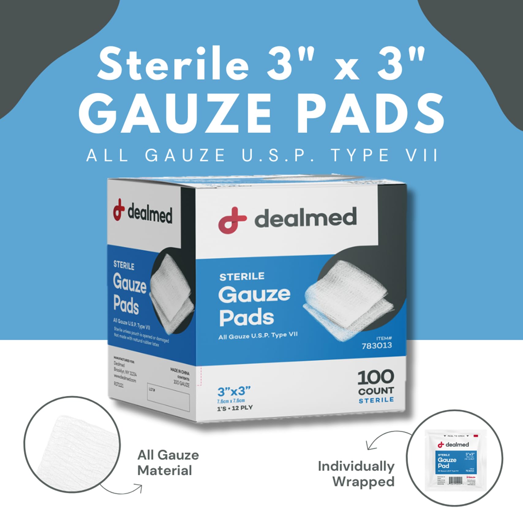 Dealmed 3x3 Sterile Gauze Pads – 100 Count, Individually Wrapped (Case of 24)