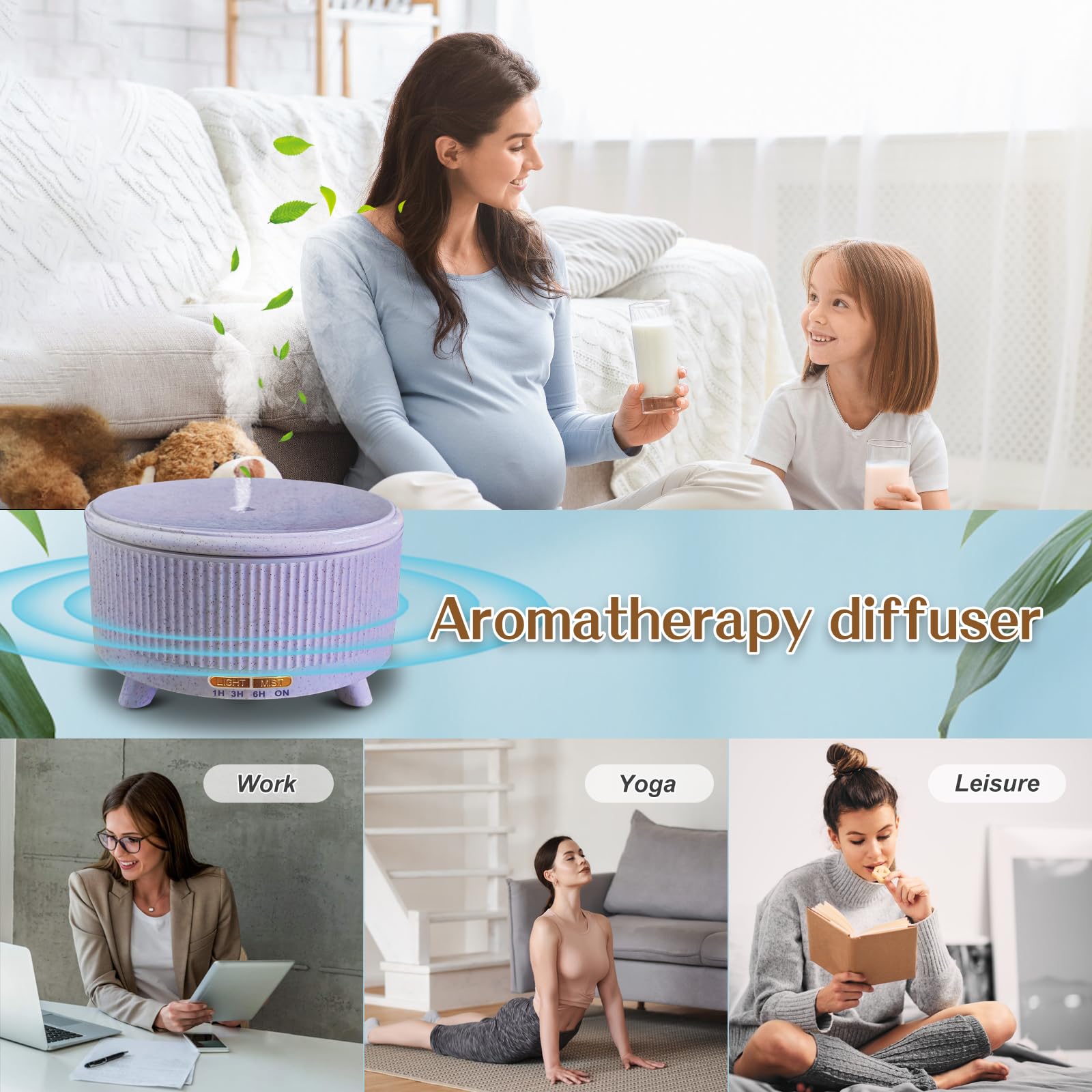 Essential Oil Diffuser 500ml for Home – Aromatherapy Diffuser with 7-Color LED Lights, 3 Mist Modes, Waterless Auto-Off, Purple