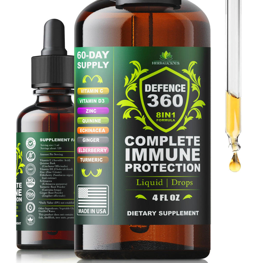 Defence360 Immune Support 8-in-1 Liquid Supplement – Vitamin C, D3, Zinc, Elderberry & More (4 fl oz)