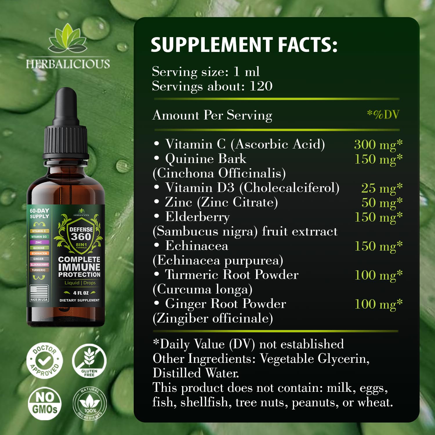 Defence360 Immune Support 8-in-1 Liquid Supplement – Vitamin C, D3, Zinc, Elderberry & More (4 fl oz)