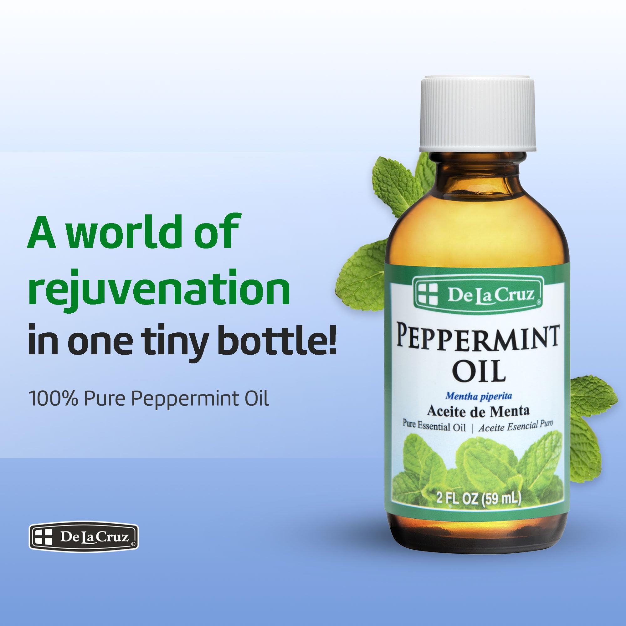 De La Cruz Peppermint Essential Oil - 100% Pure Steam Distilled 2 fl oz for Aromatherapy