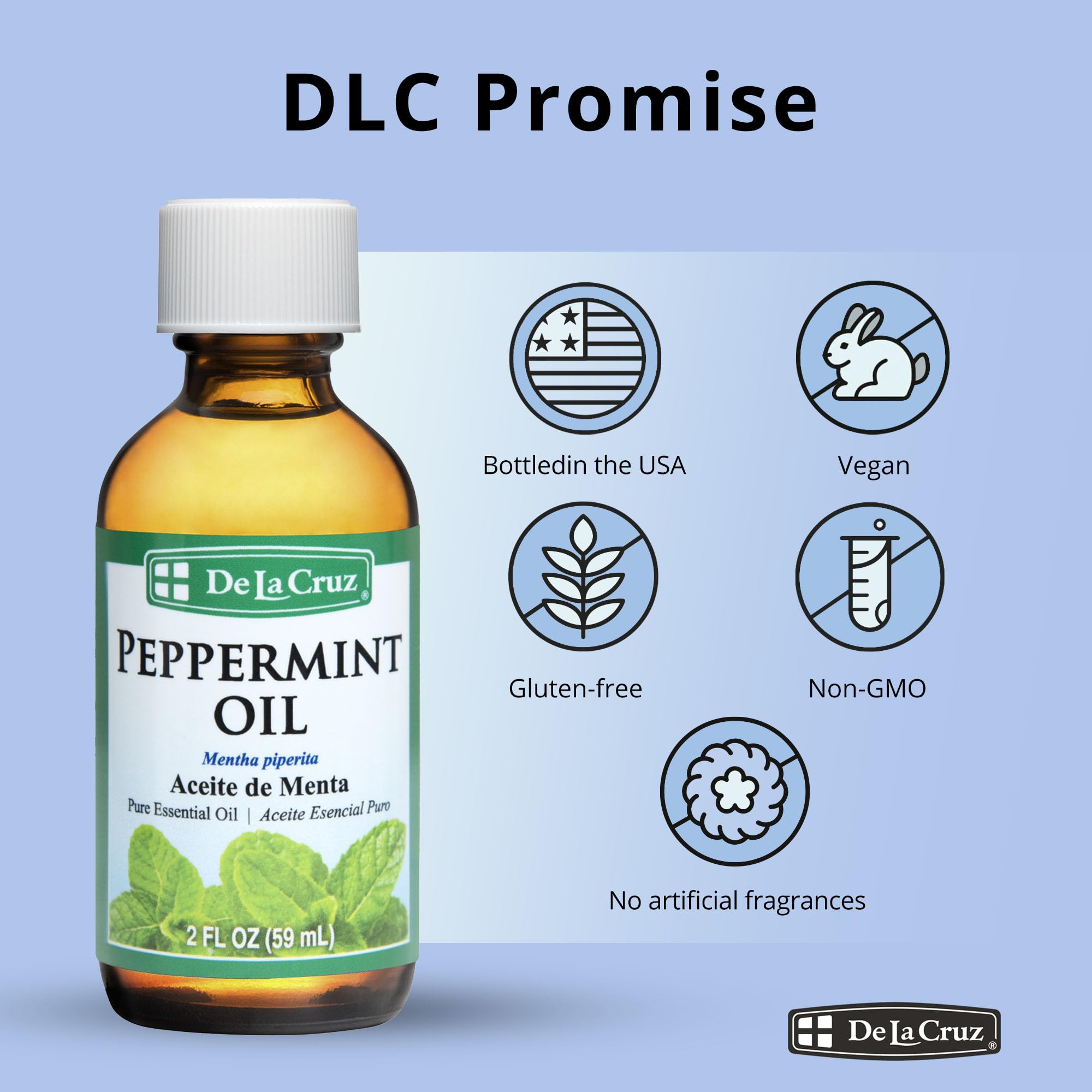 De La Cruz Peppermint Essential Oil - 100% Pure Steam Distilled 2 fl oz for Aromatherapy