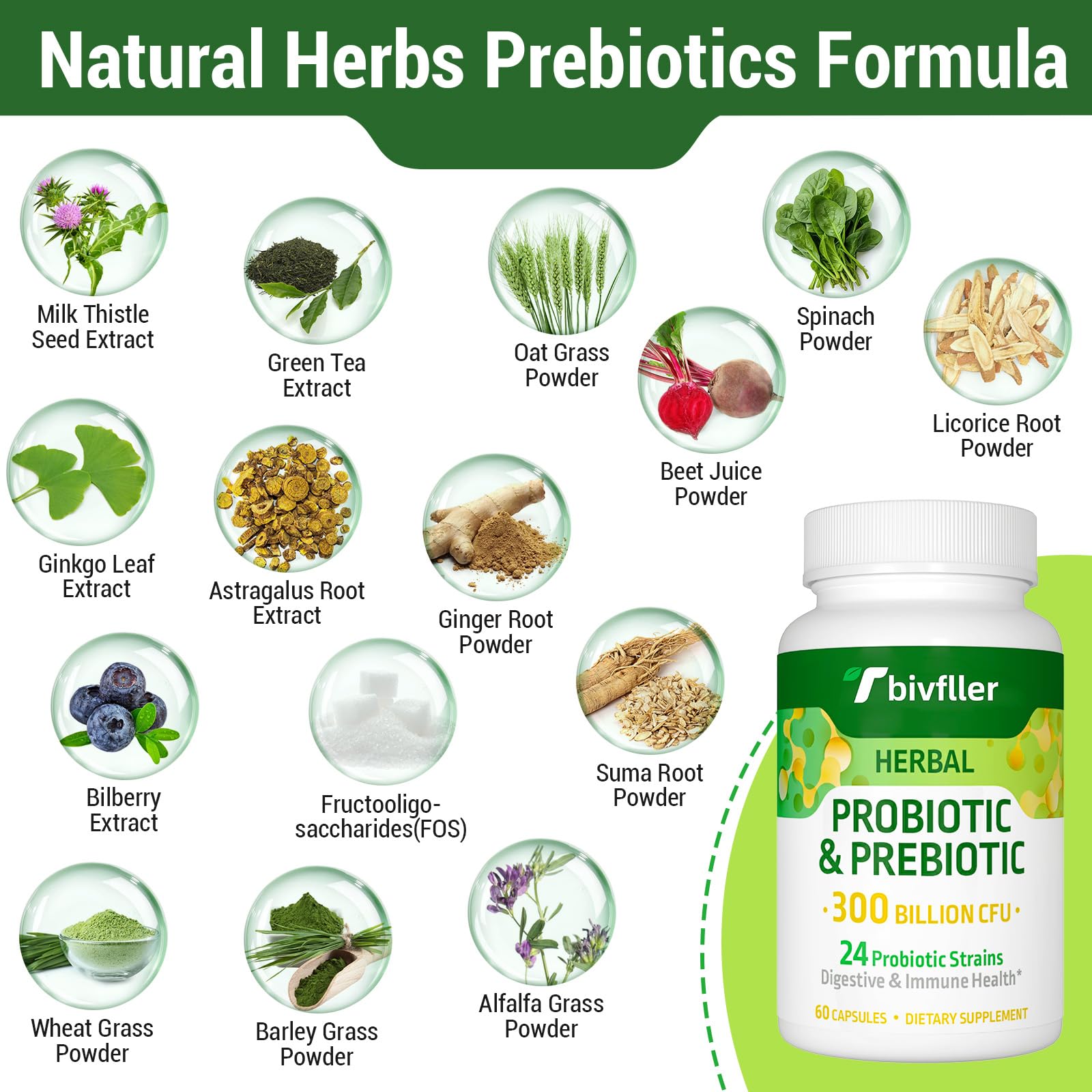 Tbivfller Probiotics for Women & Men — 300B CFU, 24 Strains, 15 Organic Herbs, 4 Month Supply