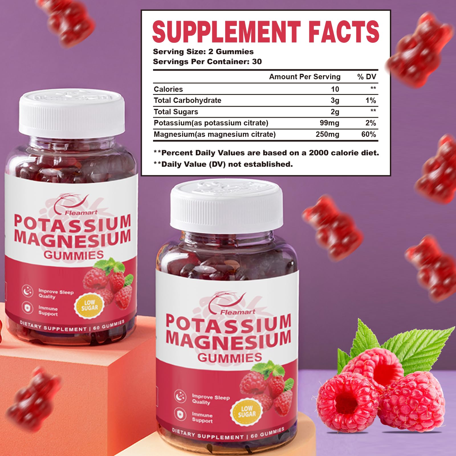 Potassium Magnesium Gummies – Potassium Citrate 99mg & Magnesium Citrate 250mg | Immune Support Raspberry, 60 Gummies (2 Pack)