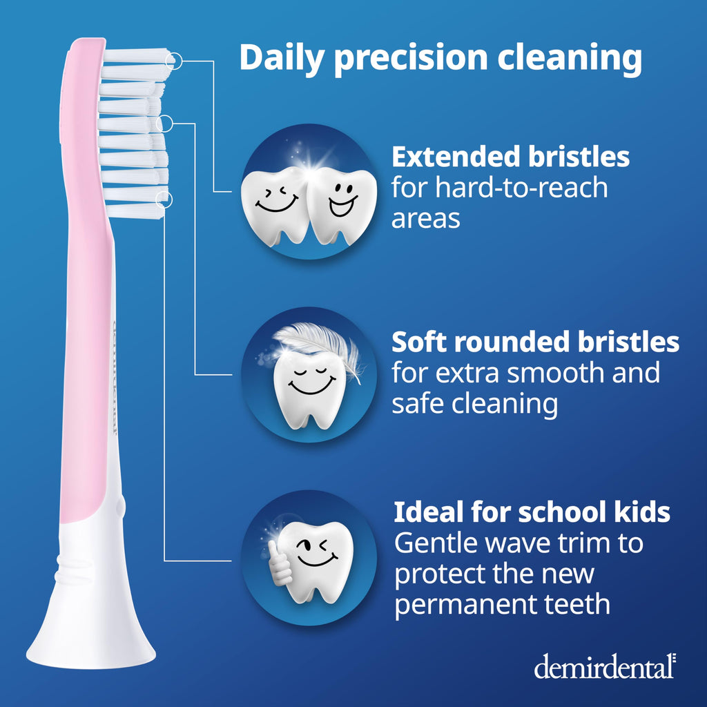 Demirdental Kids Toothbrush Heads for Philips Sonicare Kids - Replacement Heads Sensitive (Ages 7-10) - Pink