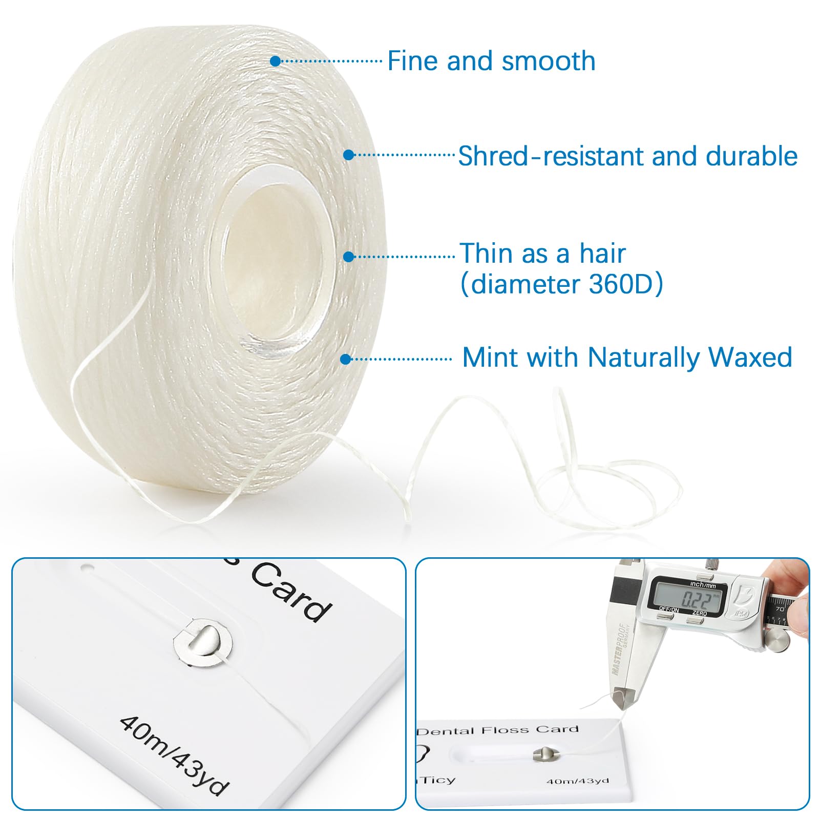 Dental Floss Card Floss with Mirror – Mint Waxed, 40m, 3 Pack, PFAS Free