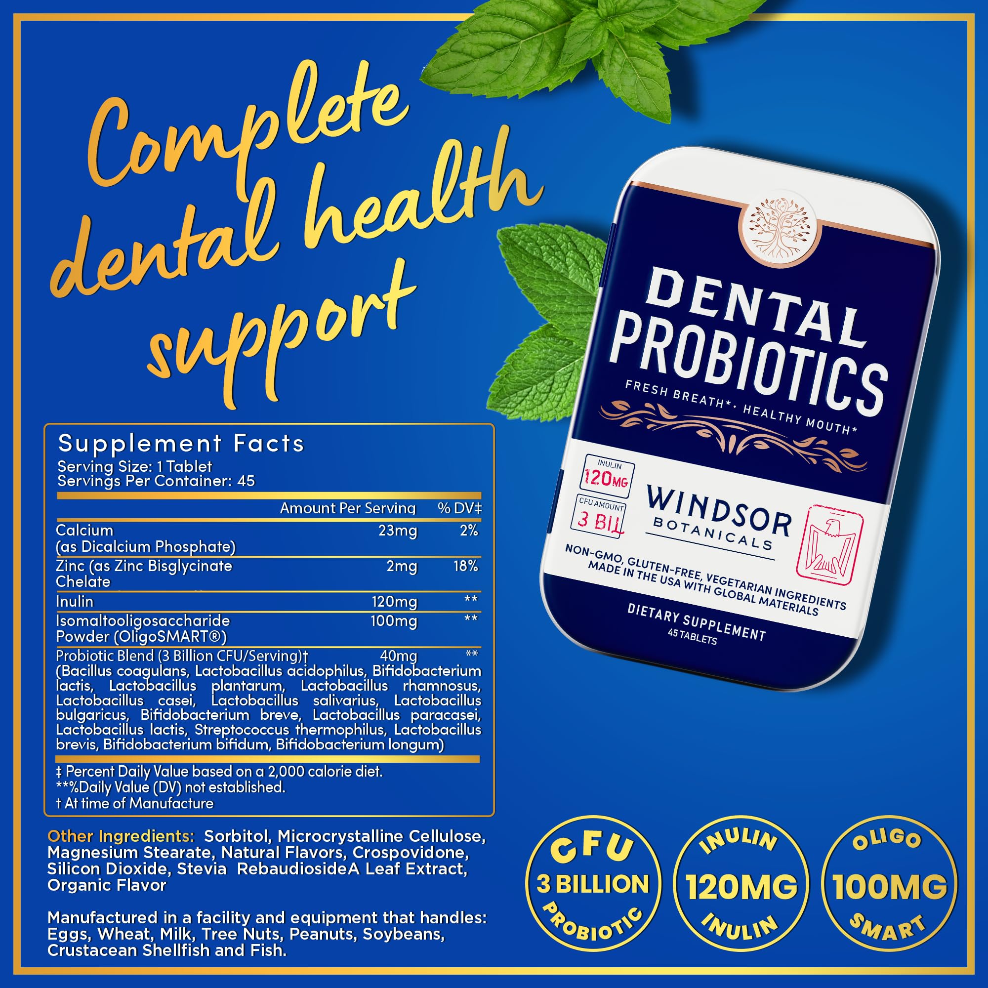 Dental Probiotics for Teeth & Gums – 3B CFU Lactobacillus Tablets (45 Chewables)