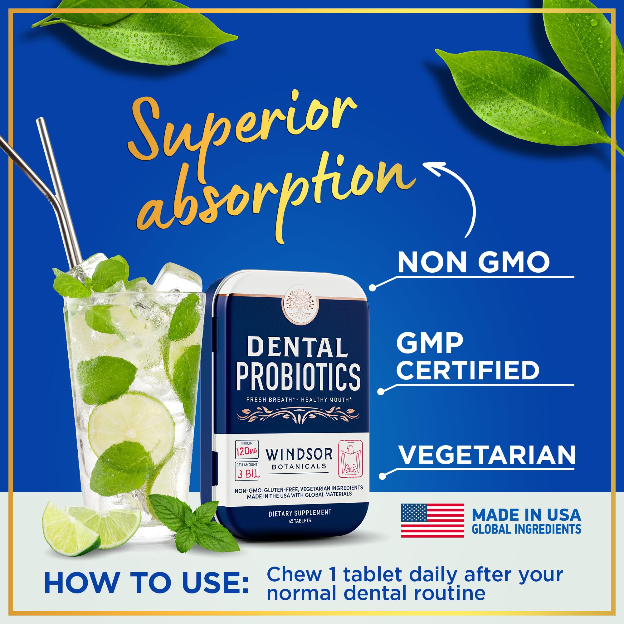 Dental Probiotics for Teeth & Gums – 3B CFU Lactobacillus Tablets (45 Chewables)
