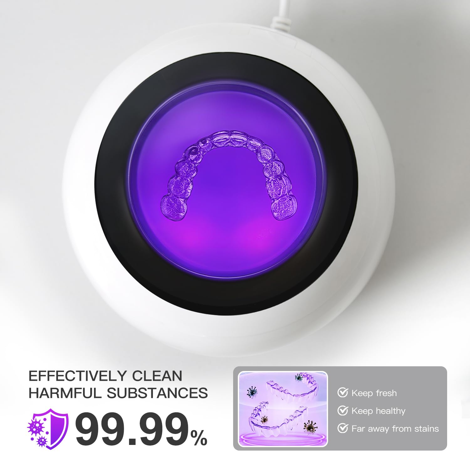 Dental Ultrasonic Retainer Cleaner – 45kHz UV Cleaning Pod, 250ml, Dual Mode