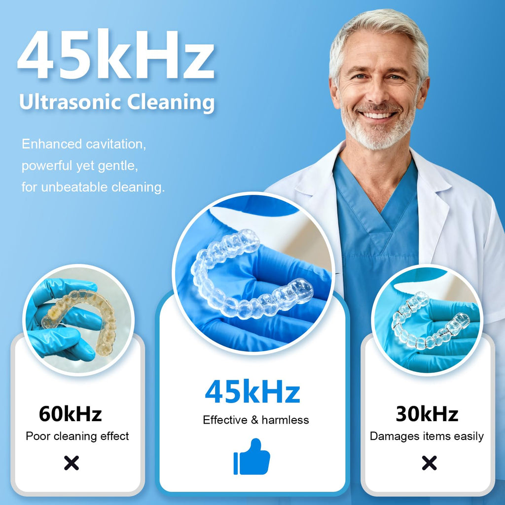 Dental Ultrasonic Retainer Cleaner - 45kHz, 200ML for Dentures & Aligners