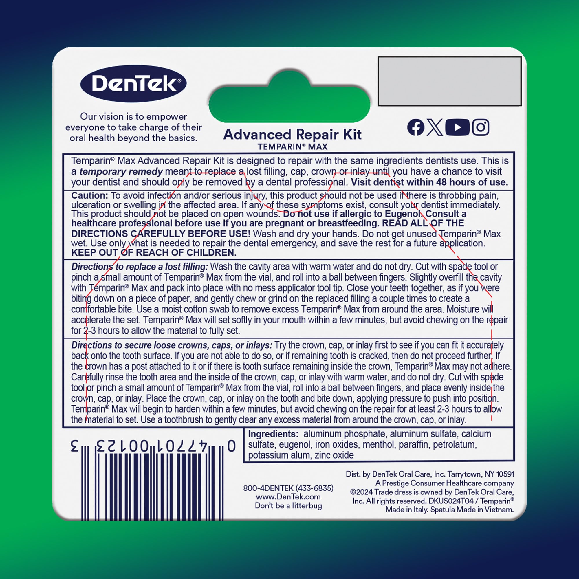 Dentek Temparin Max Repair Kit – 13+ Repairs, 2.64 g, Pack of 6 | Temporary Dental First Aid