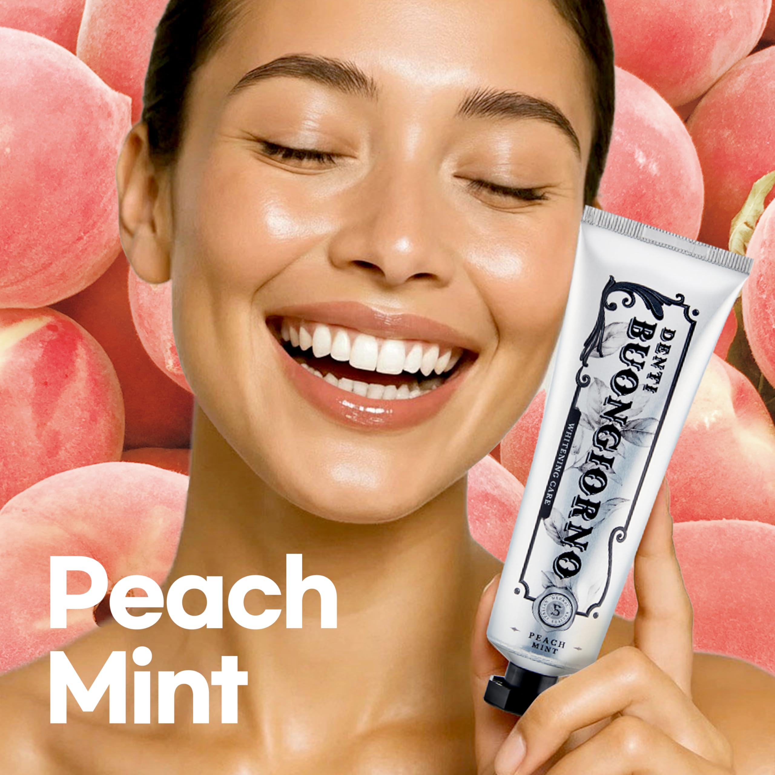 DENTI BUONGIORNO Peach Mint Whitening Toothpaste – Natural Fluoride Korean Formula, Paraben & SLS Free (3.52 fl oz / 100 g)