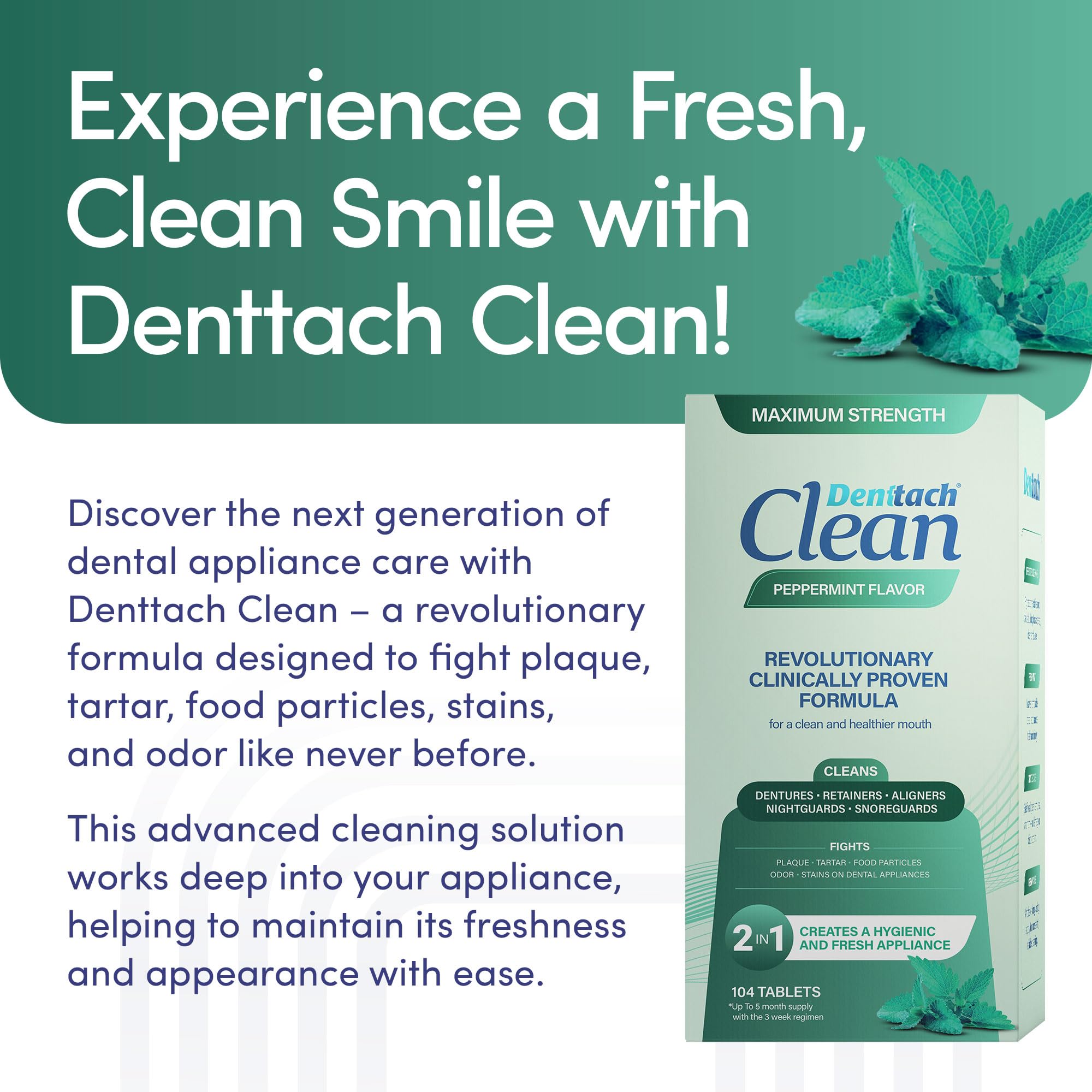 Denttach Clean Retainer & Denture Cleaner Tablets – Maximum Strength Peppermint, 208 Count (2x104)