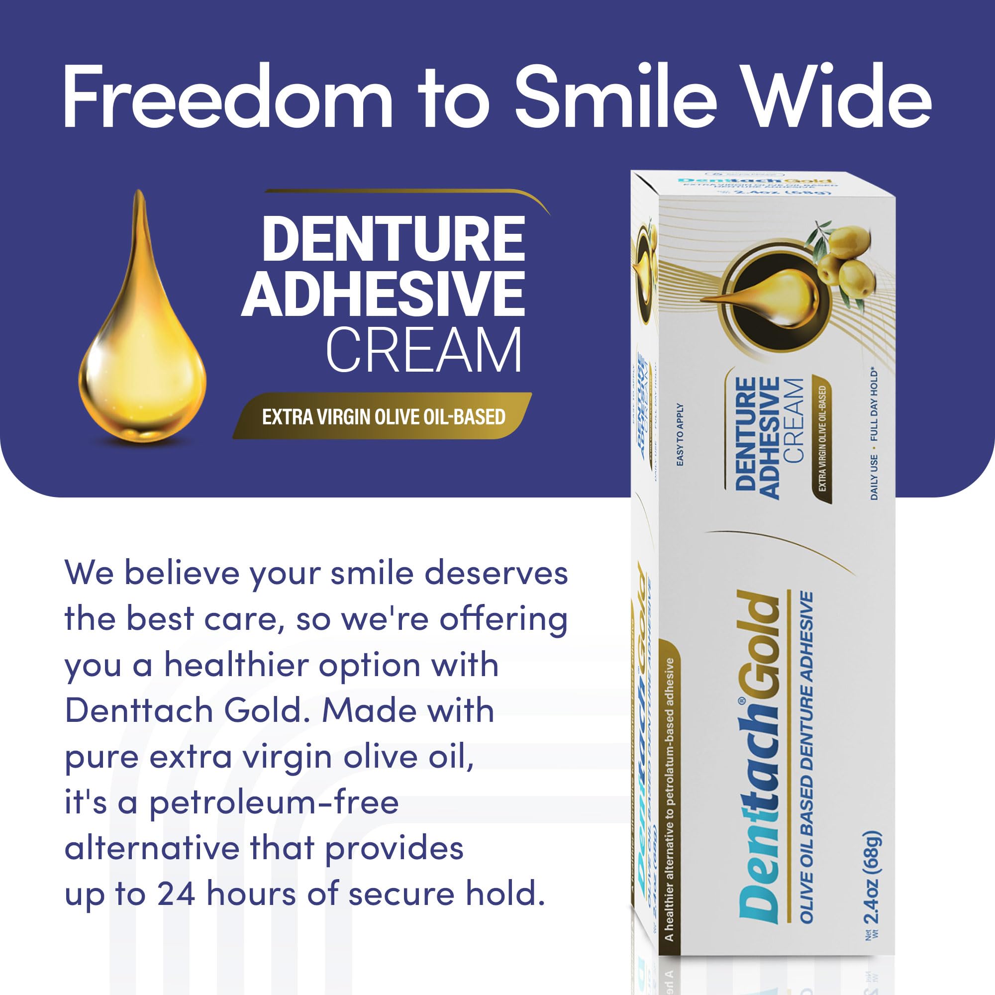 Denttach Gold Olive Oil Denture Adhesive – Zinc & Petroleum Free, 2.4 oz