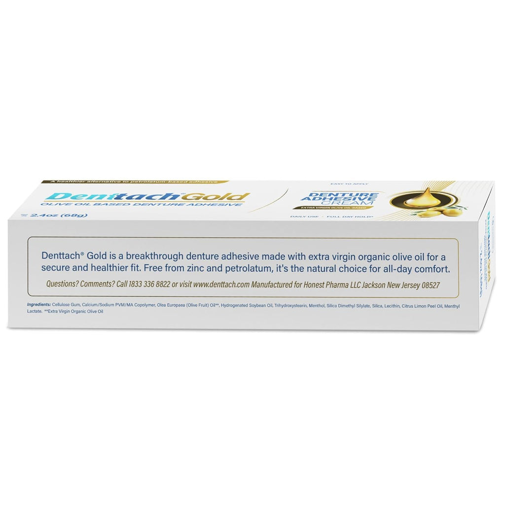 Denttach Gold Olive Oil Denture Adhesive – Zinc-Free, All-Day Hold (2.4 oz x3)