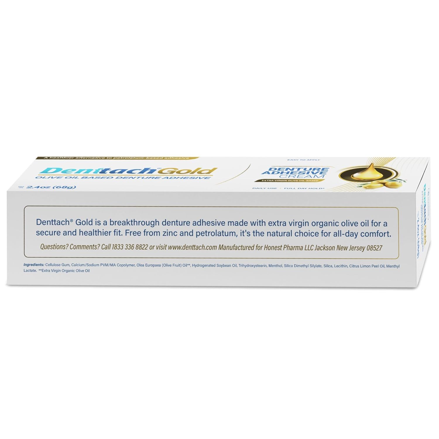 Denttach Gold Olive Oil Denture Adhesive – Zinc-Free, All-Day Hold (2.4 oz x3)