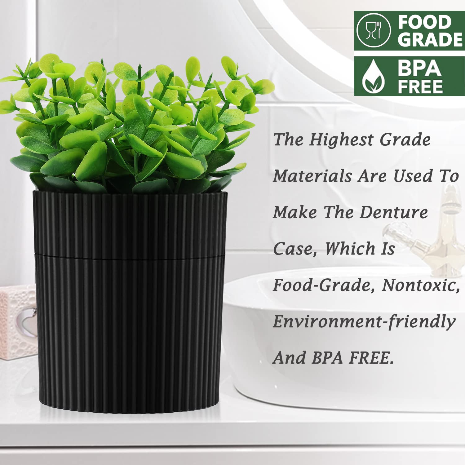 Denture Bath: Artificial Eucalyptus Potted Denture Case with Strainer