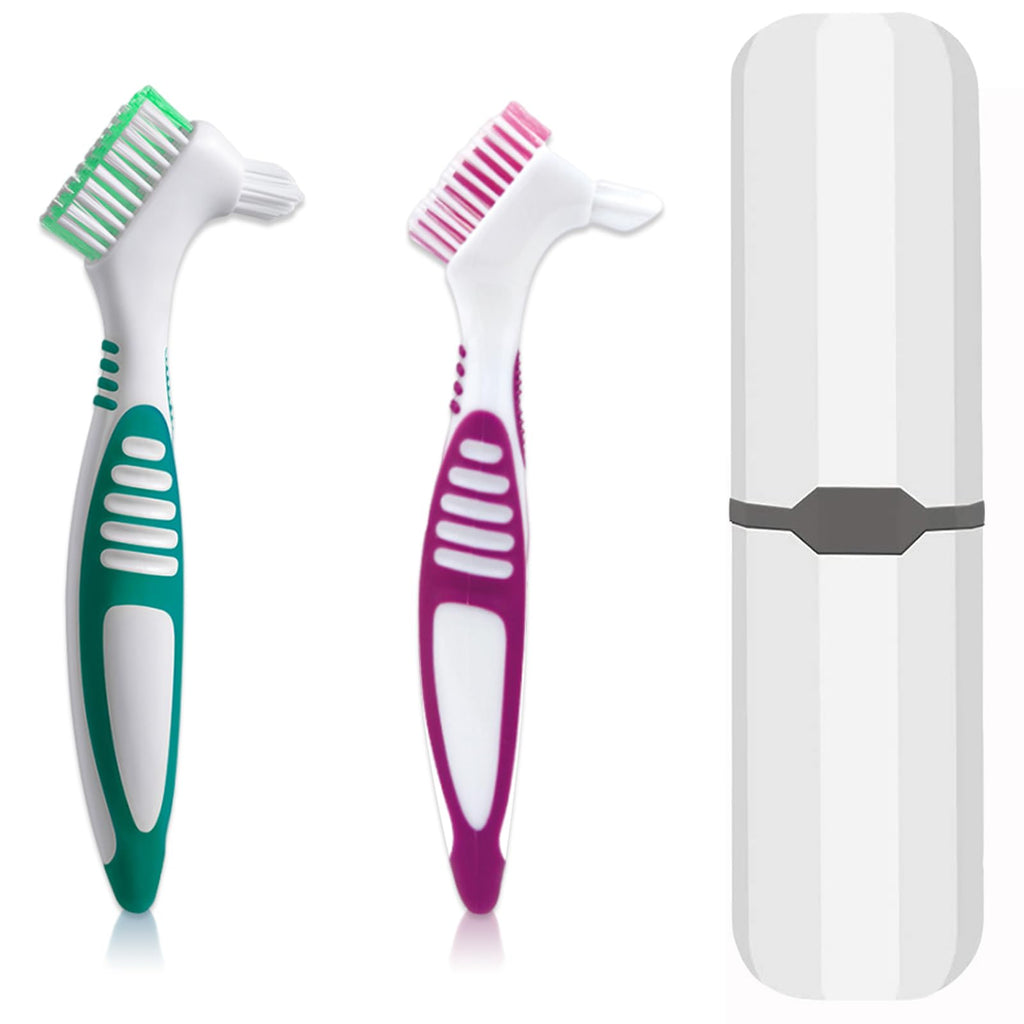 Denture Brush 2-Piece Set with White Carrying Case – Comfort Grip