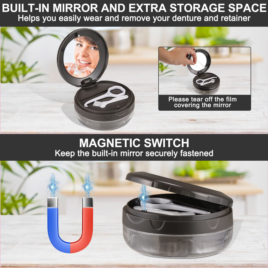 Leak-Proof Denture Case with Mirror - Travel Bath Box Grey