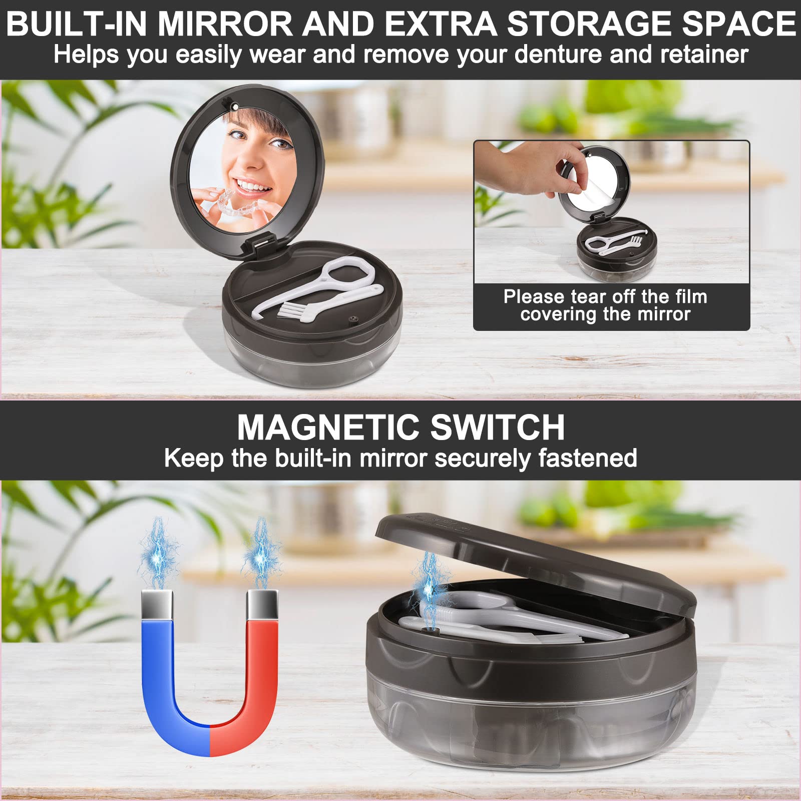 Leak-Proof Denture Case with Mirror - Travel Bath Box Grey