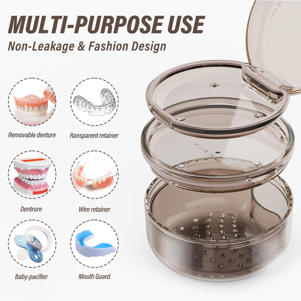 Denture Case Retainer Cleaning Case - 2 in 1 No-Leak, Portable 3.78" x 2.24"