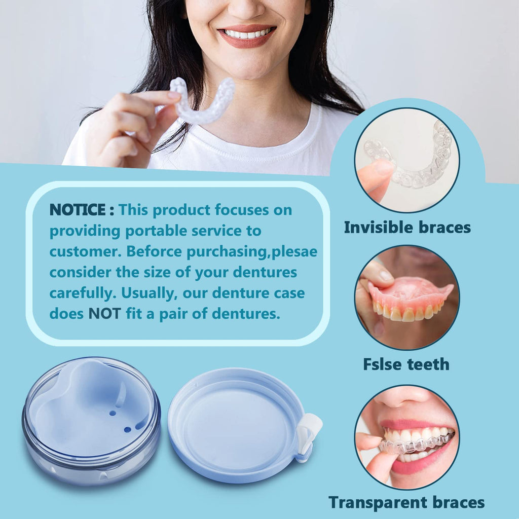 Denture Case with Brush & Portable Box - No-Leak Travel Retainer Case (Blue)