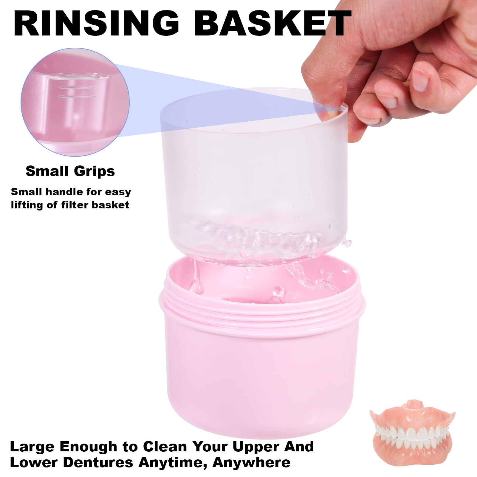 Leak-Proof Travel Denture Case | Denture Bath Cup & Cleaning Kit (Pink)