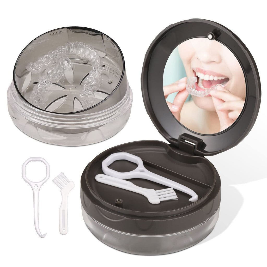 Leak-Proof Denture Case with Mirror - Travel Bath Box Grey