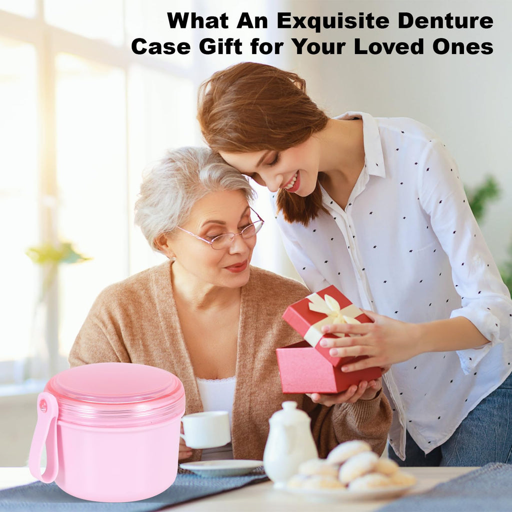 Leak-Proof Travel Denture Case | Denture Bath Cup & Cleaning Kit (Pink)