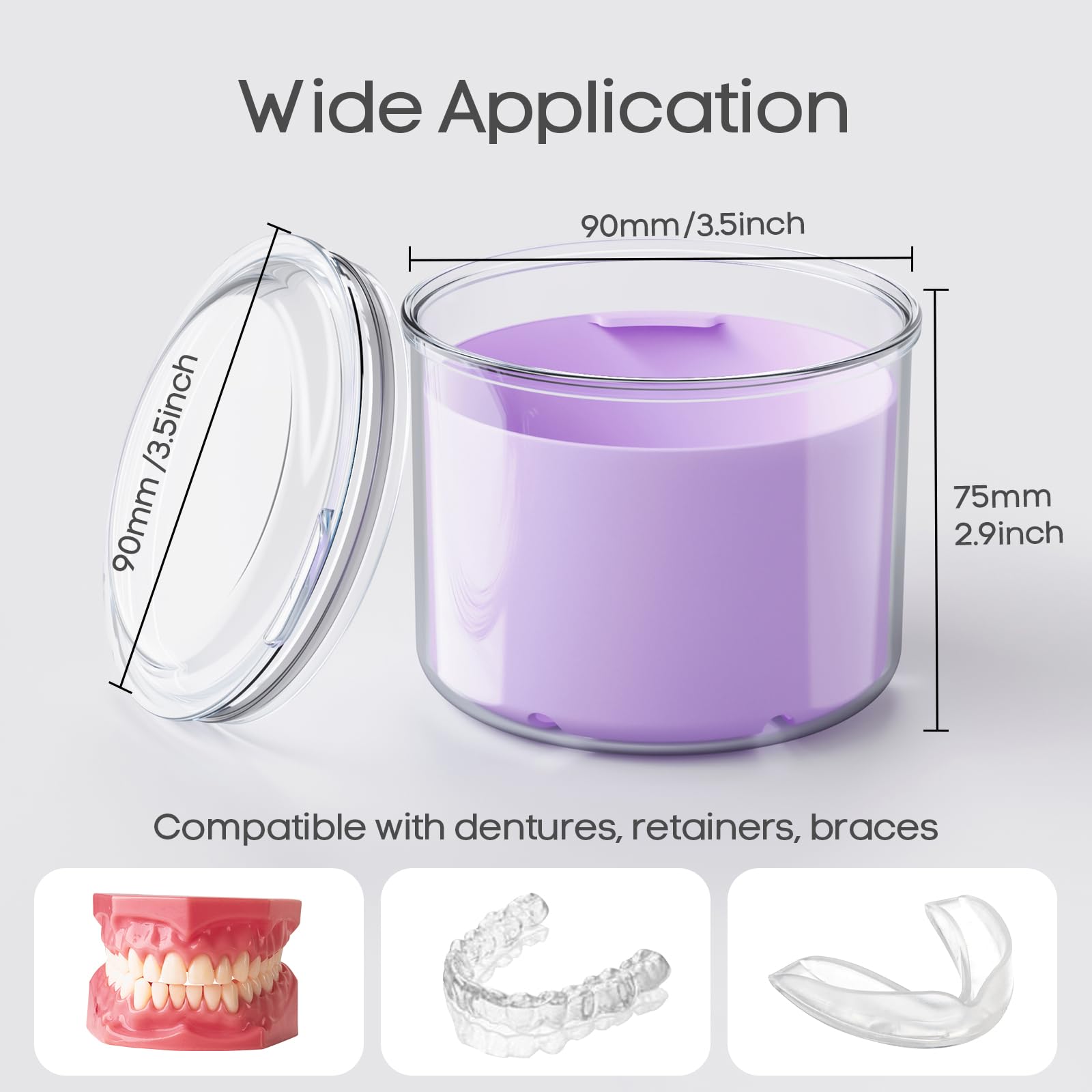 Denture Case with Brush - Bath Cup for Dentures & Retainers (Purple)