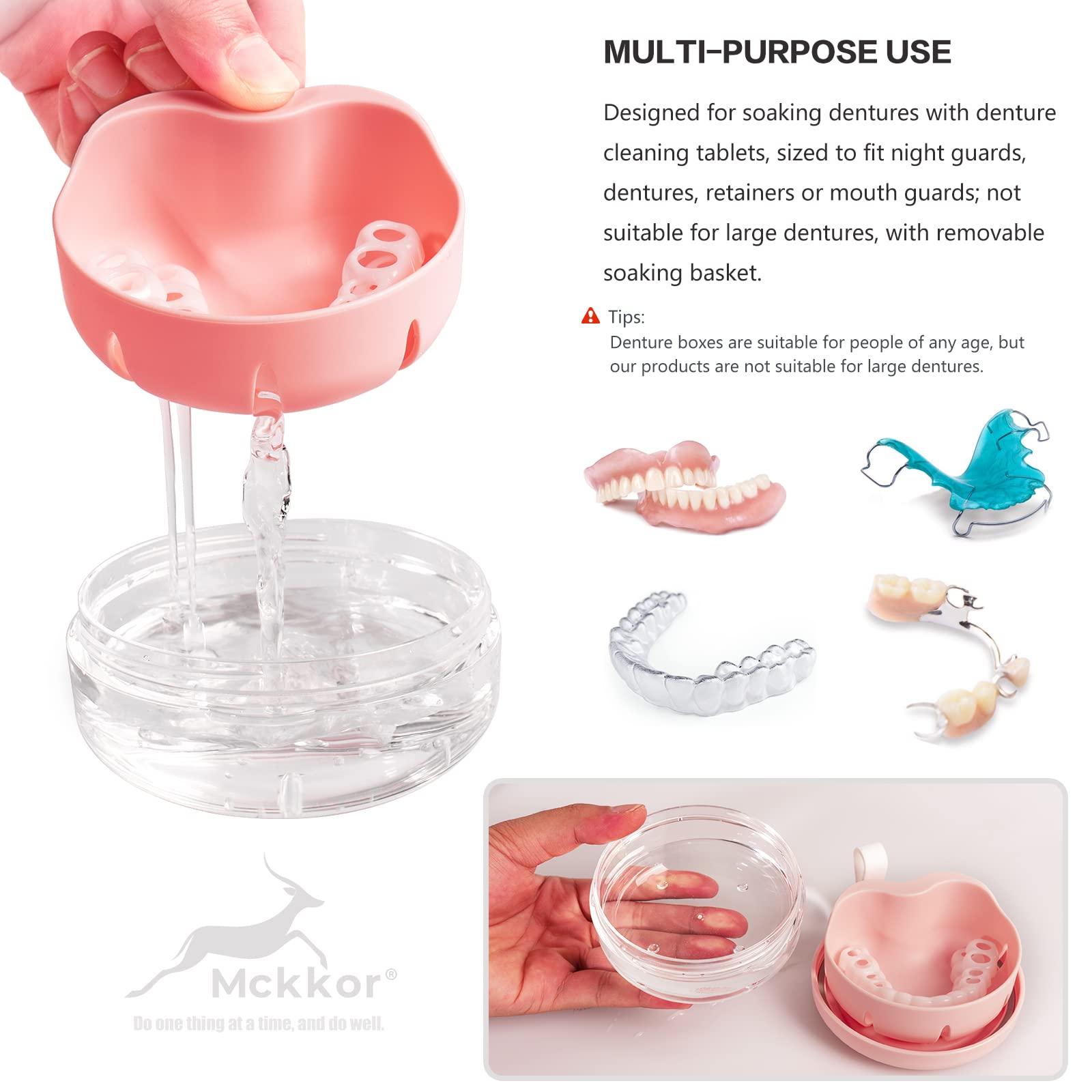 Denture Case - Leak-Proof Travel Denture Box with Mirror and Strainer (Pink)