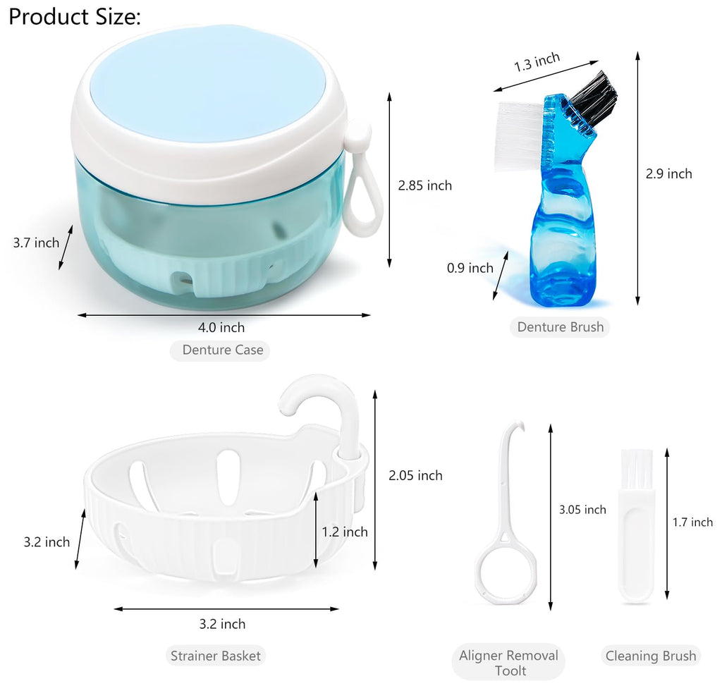 Denture Case – Leak-Proof Travel Denture Bath Cup for Full & Partial Dentures, Retainers, Aligners | Includes Brush & Removal Tool