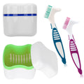 Denture Cleaner Box & Brush Set – 2 Pack Bath Case with Basket + 2 Denture Brushes (Green & Dark Blue)