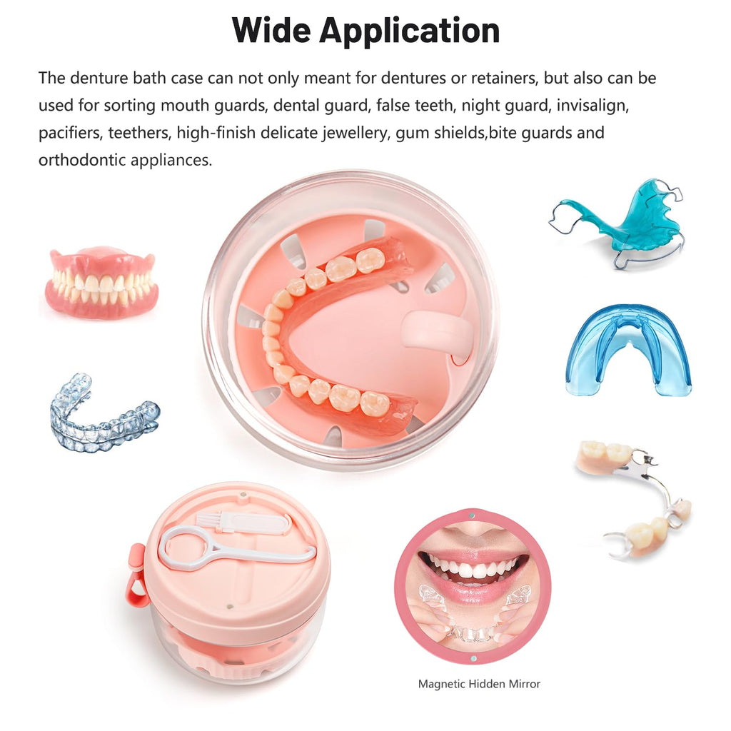 Denture Case - Leak-Proof Travel Bath Cup (Pink) with Mirror, Brush & Aligner Removal Tool