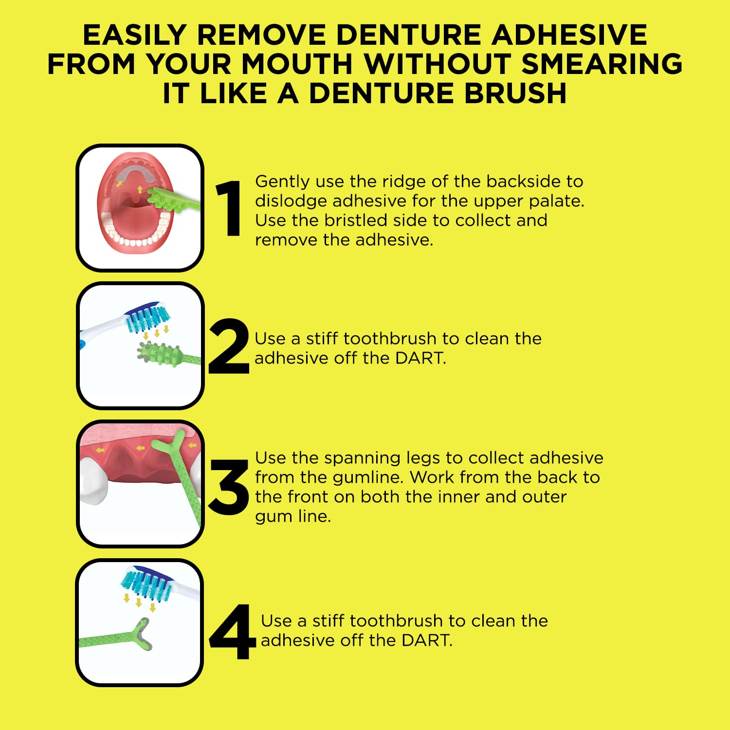 Denture Dart V3 – Hard Plastic Denture Brush & Gel Adhesive Remover