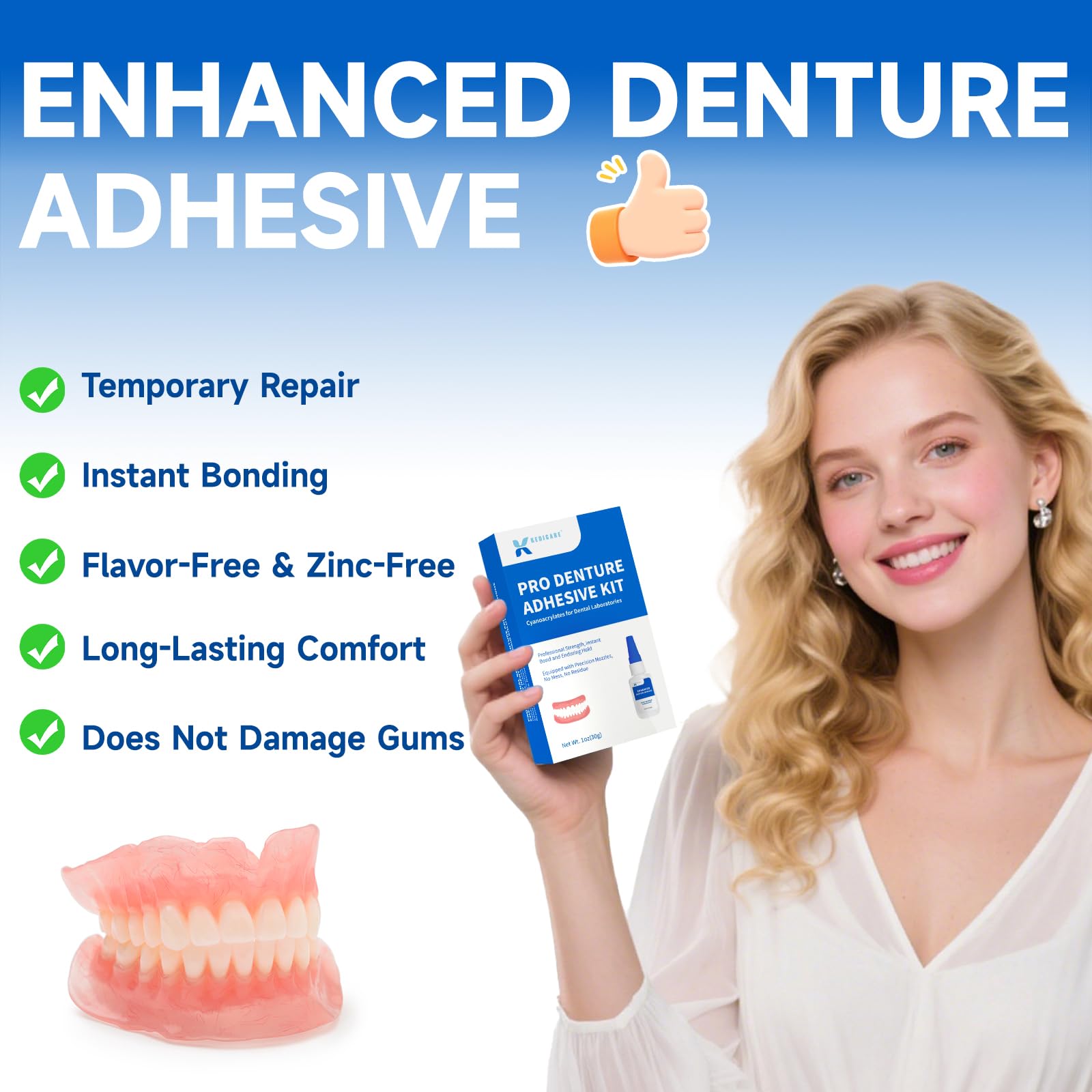 Dental Lab Denture Repair Adhesive Kit 1oz – Pro Instant Bonding Denture Glue for Repairs