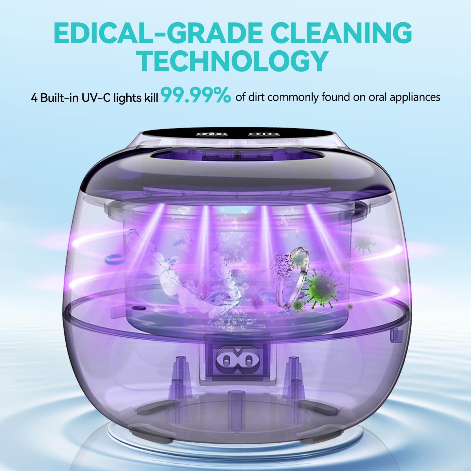 Denture Ultrasonic Retainer Cleaner Machine - 45kHz 200ml Pod, 9 Modes