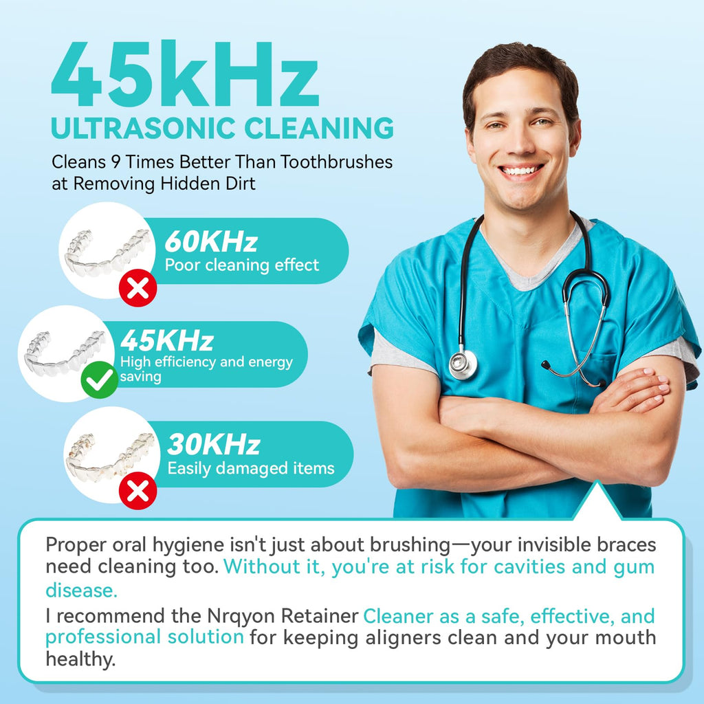 Denture Ultrasonic Retainer Cleaner Machine - 45kHz 200ml Pod, 9 Modes