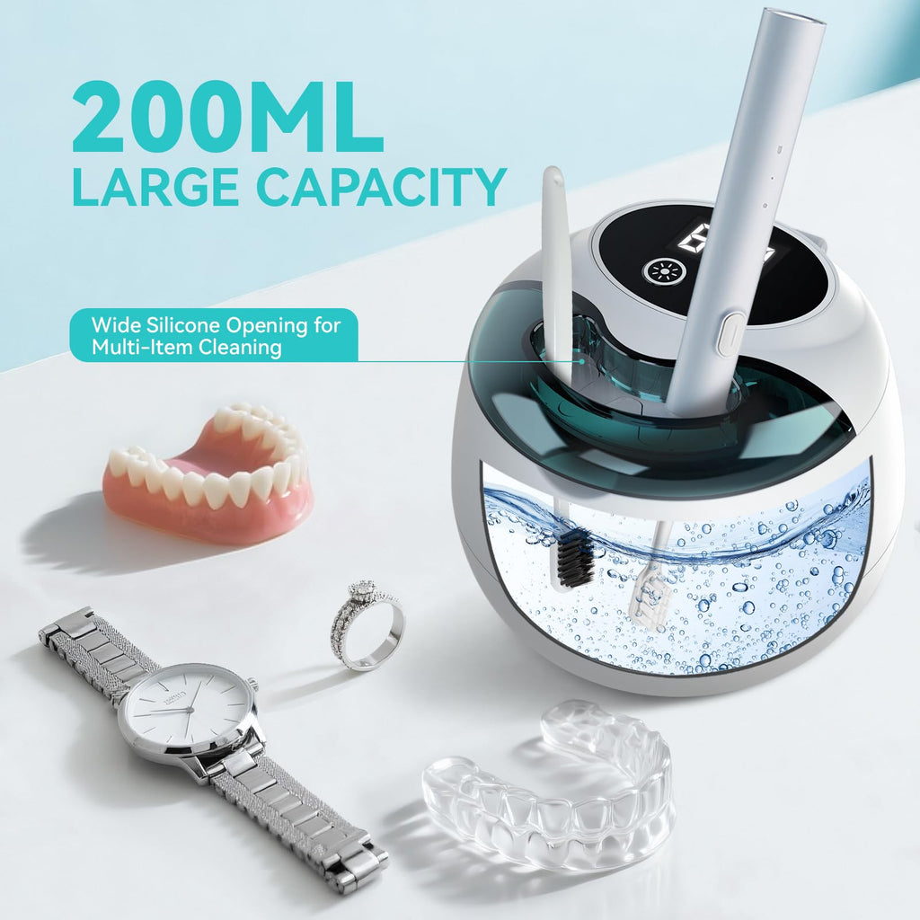 Denture Ultrasonic Retainer Cleaner Machine - 45kHz 200ml Pod, 9 Modes