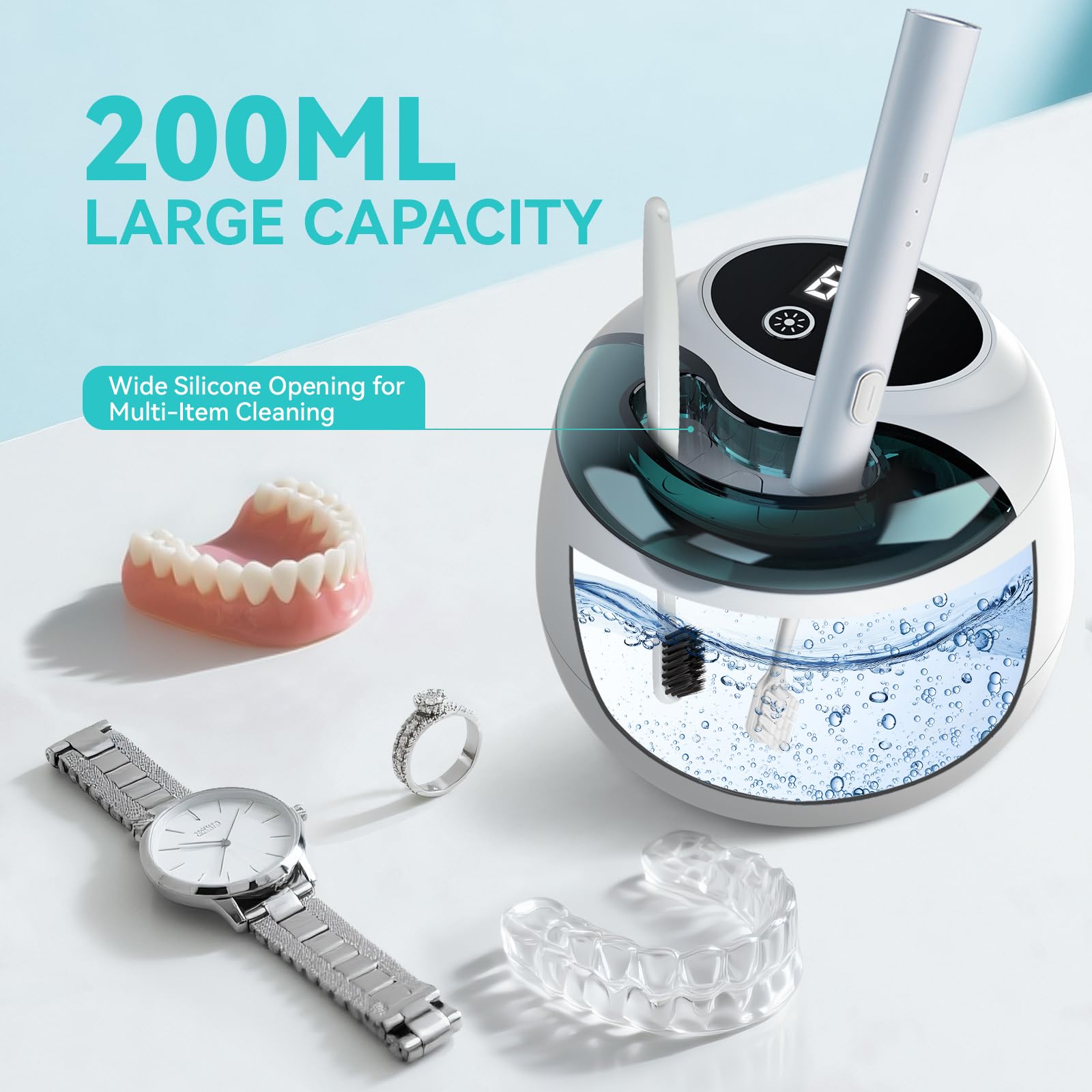 Denture Ultrasonic Retainer Cleaner Machine - 45kHz 200ml Pod, 9 Modes