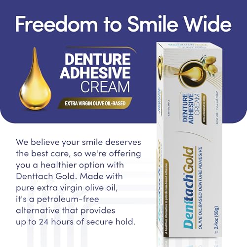 Denttach Gold Olive Oil-Based Denture Adhesive – Zinc-Free, All-Day Hold (2.4 oz)