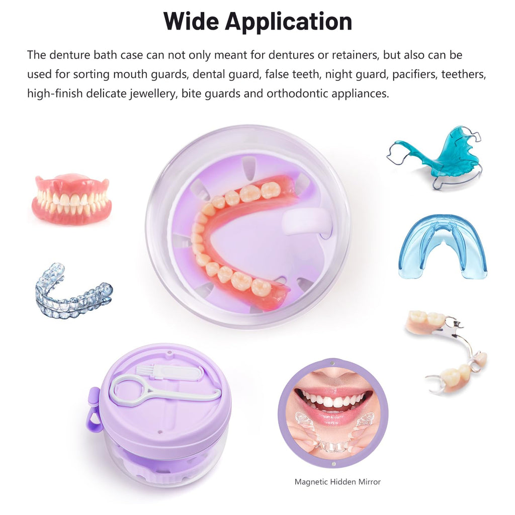 Purple Denture Case with Strainer & Mirror - Leak-Proof Travel Cup