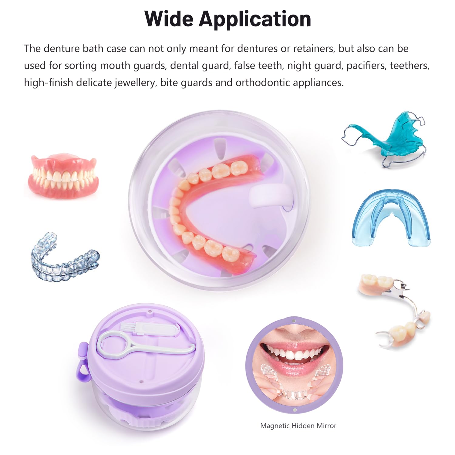 Purple Denture Case with Strainer & Mirror - Leak-Proof Travel Cup