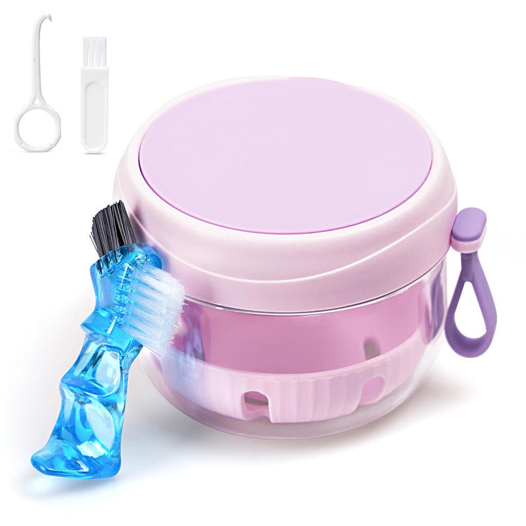 Purple Denture Case with Strainer & Mirror - Leak-Proof Travel Cup