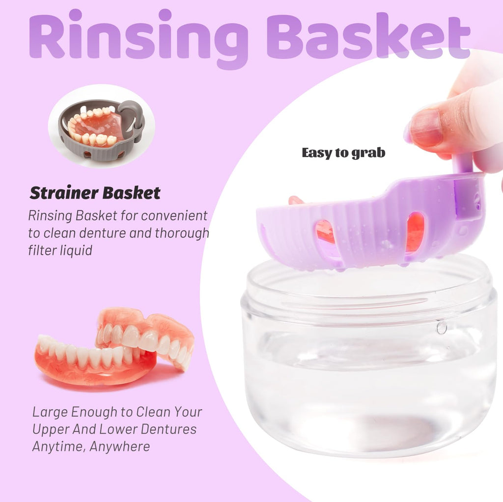 Purple Denture Case with Strainer & Mirror - Leak-Proof Travel Cup
