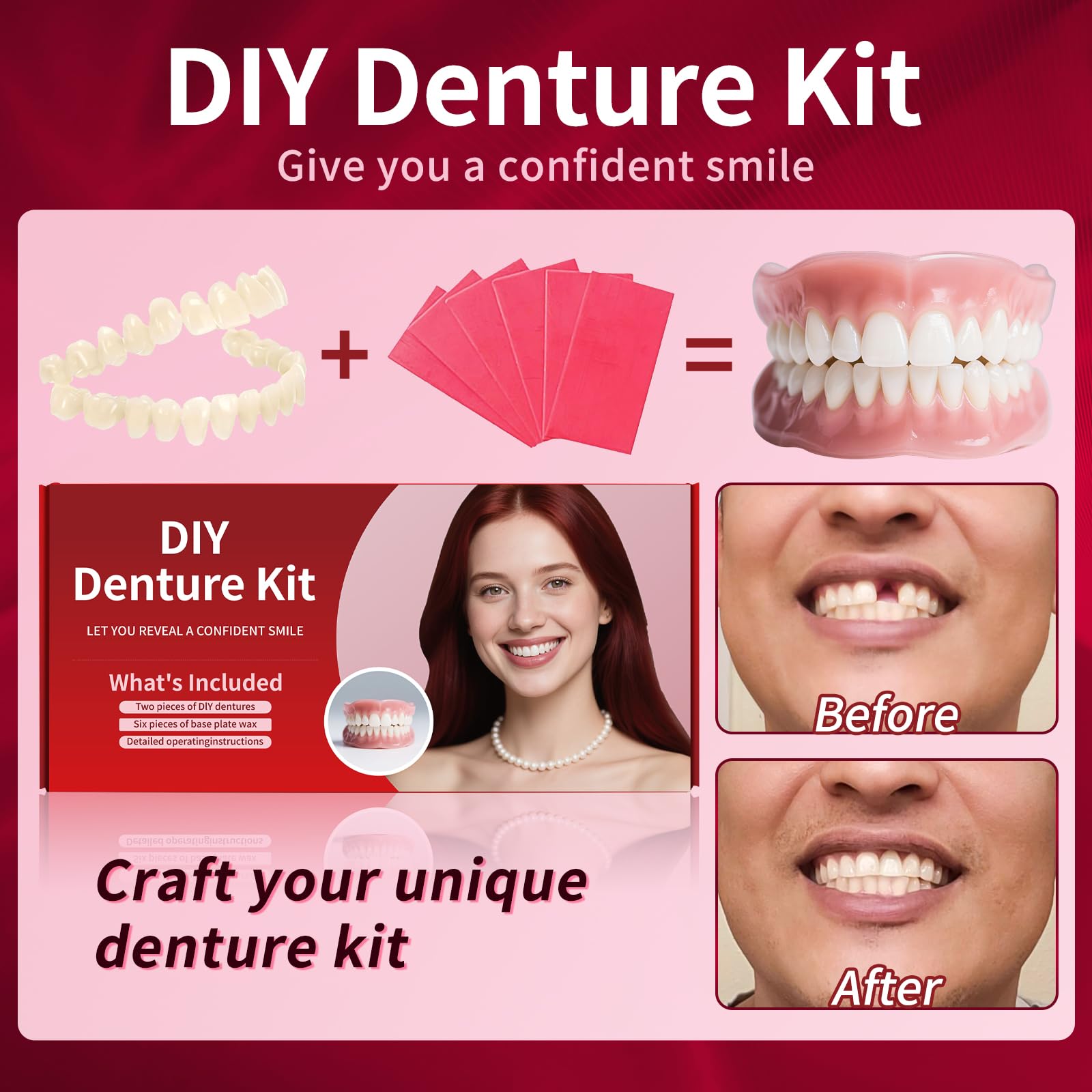 Dentures DIY Kit: Full Top & Bottom Teeth for At-Home Smile - Universal Fit