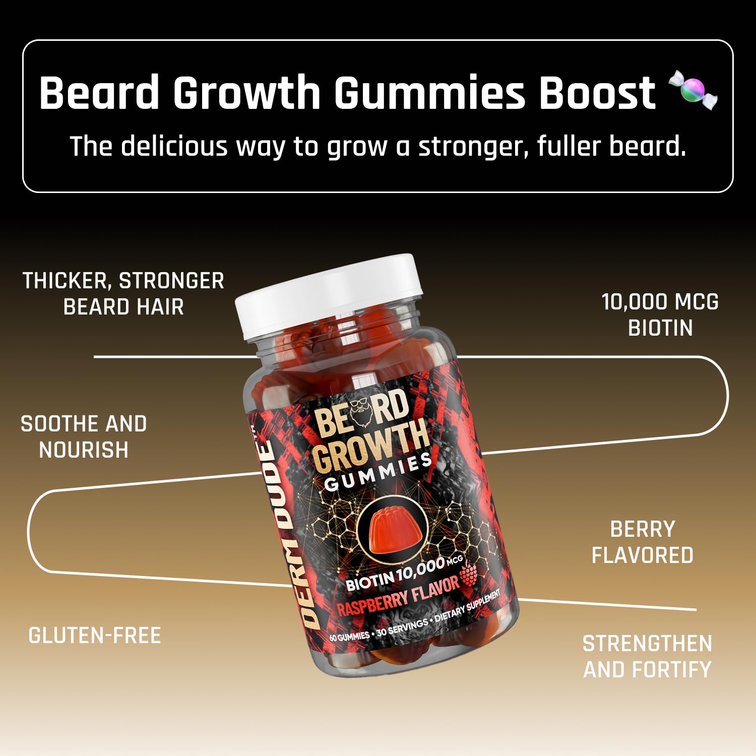 Derm Dude Beard Growth Gummies for Men — Biotin 10,000 mcg | 60 Gummies