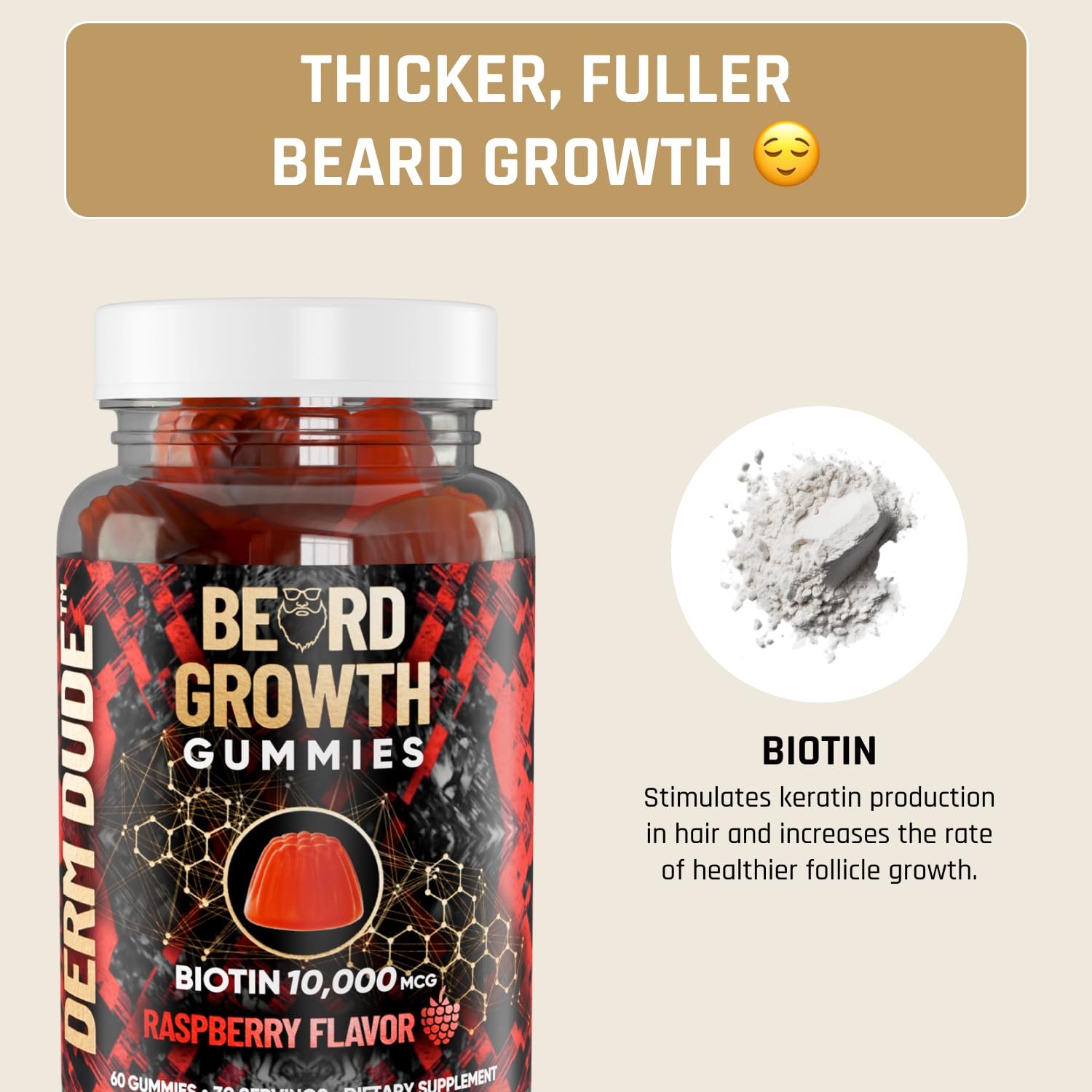 Derm Dude Beard Growth Gummies for Men — Biotin 10,000 mcg | 60 Gummies