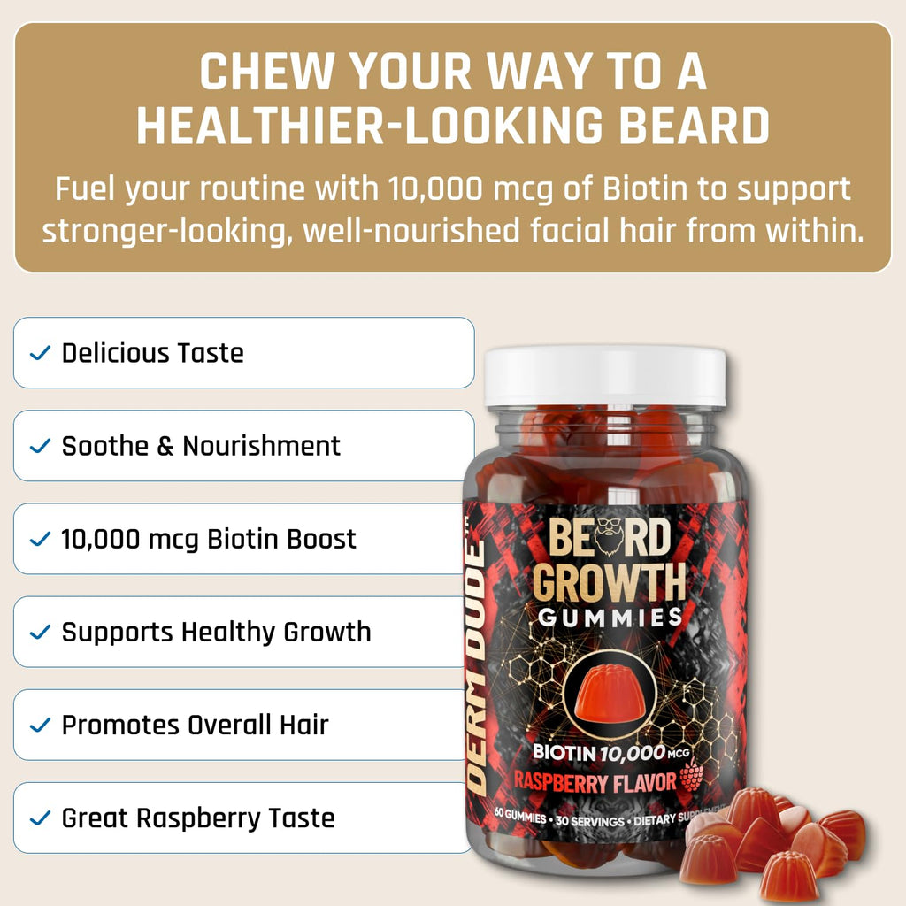 Derm Dude Beard Growth Gummies for Men — Biotin 10,000 mcg | 60 Gummies